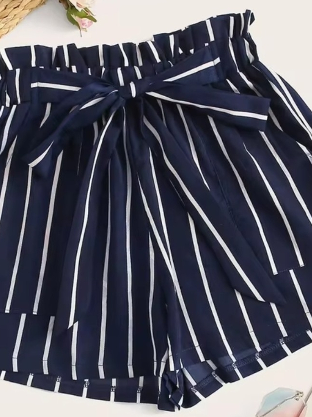 SHEIN Curve Navy Blue & White Striped Paperbag Waist Shorts - Plus Size 1XL